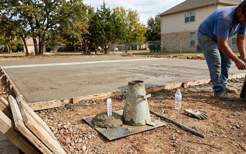 Slump test and thermometer on a jobsite during mild autumn weather