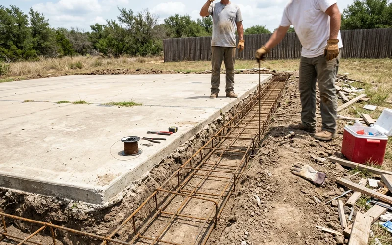 Perimeter grade beam trench with reinforcing steel tied in place