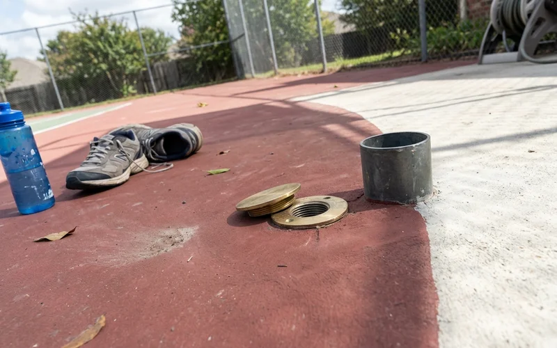 Volleyball floor anchor and dual-purpose net sleeve set flush in the surface
