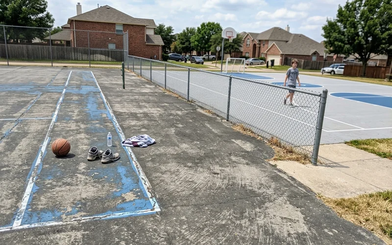 Worn high-traffic zone on a community court beside a lightly used residential surface