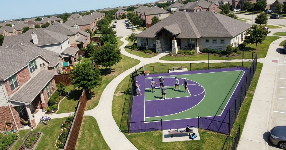 Aerial view of a master-planned community with a sport court amenity
