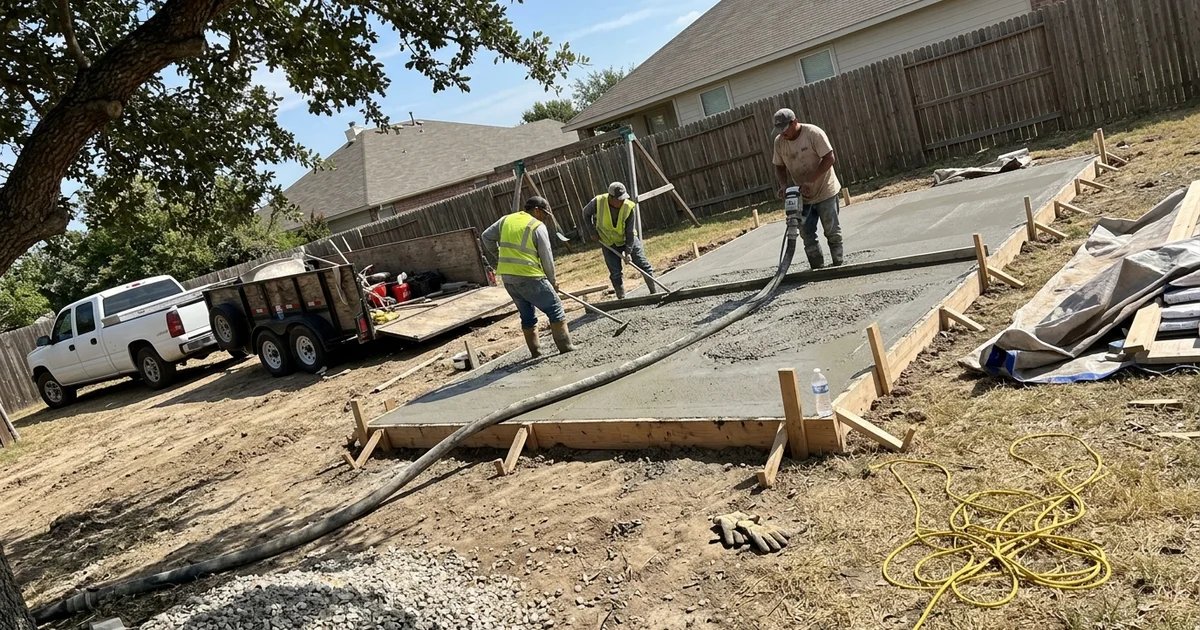 Backyard court mid-construction with the crew working on the formed pad in Texas daylight