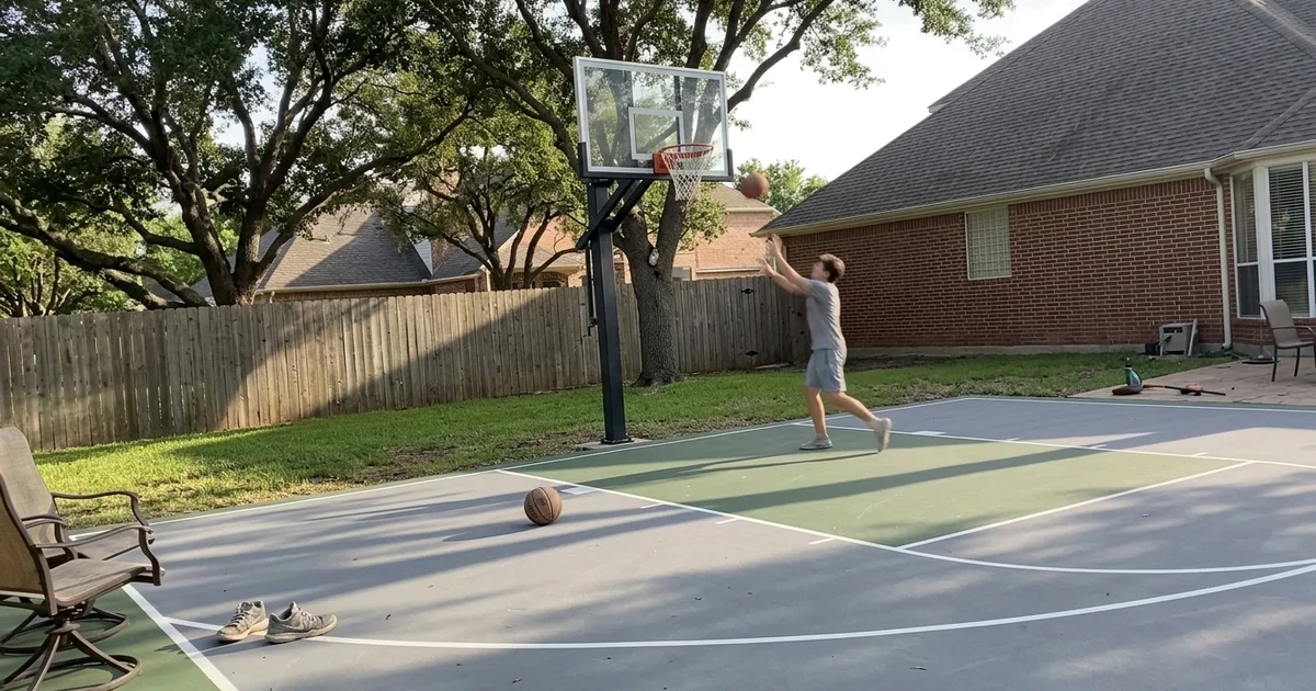 Backyard half-court basketball setup with in-ground hoop at a Texas home