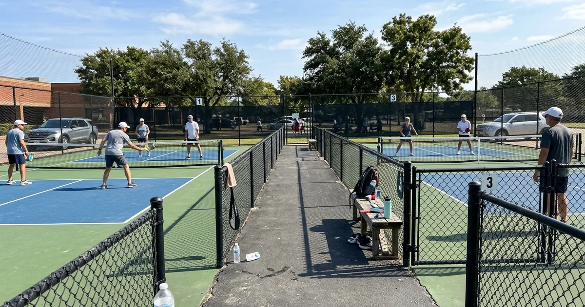 Bank of four pickleball courts with a shared central walkway at a commercial facility