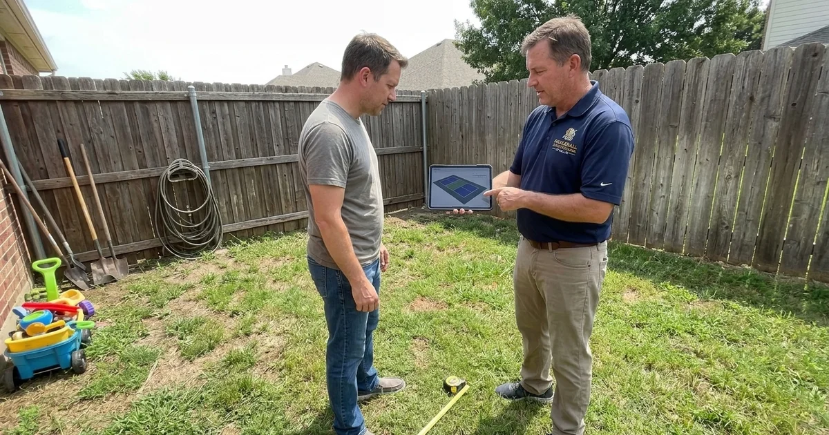 Builder showing a homeowner a 3D court design on a tablet in their backyard