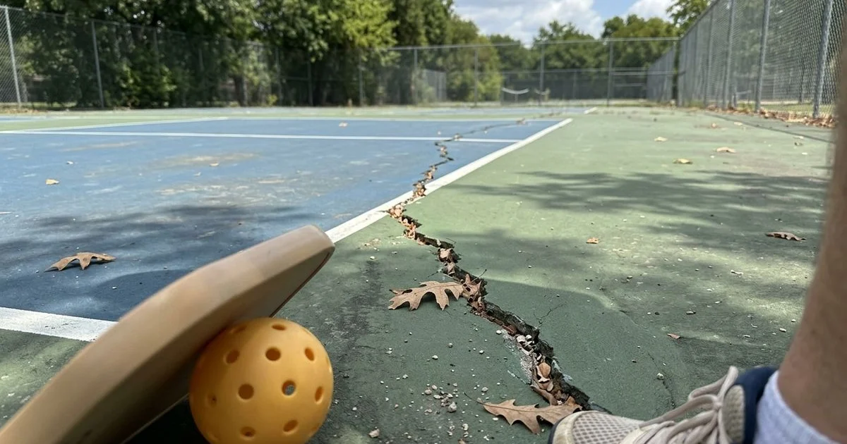 Close-up of a cracked acrylic court surface before repair