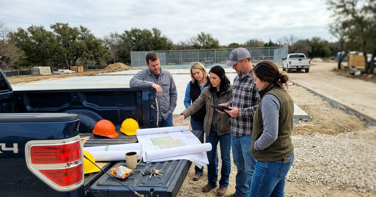 Commercial court project kickoff meeting on site with plans and the facility behind