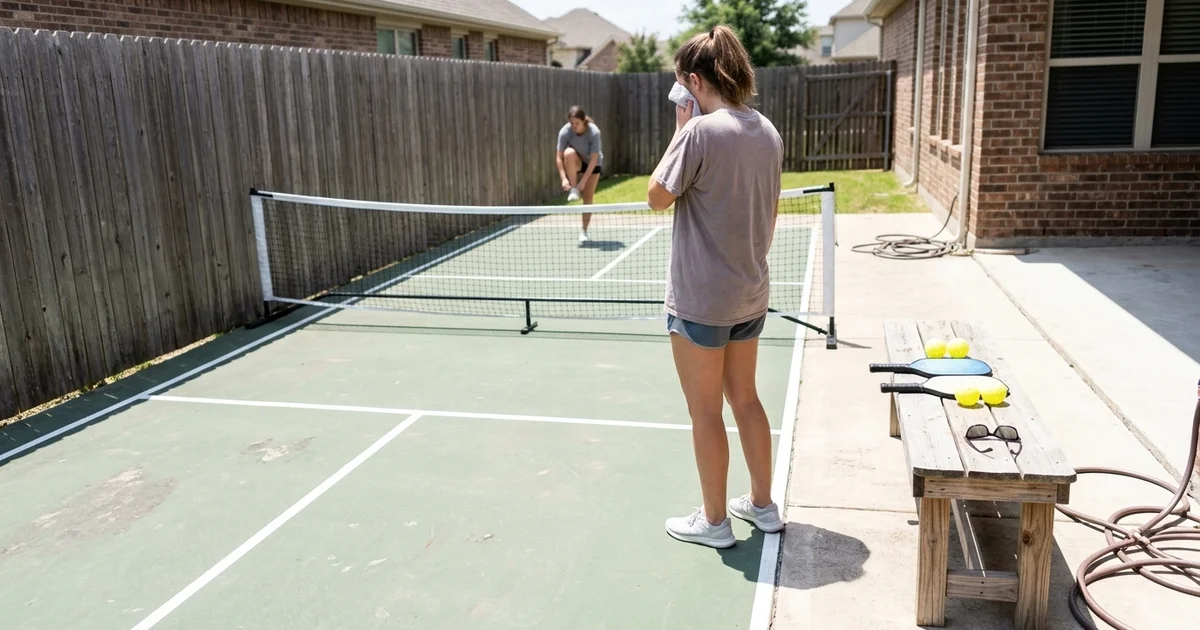 Compact backyard pickleball court fitted between a fence line and a patio