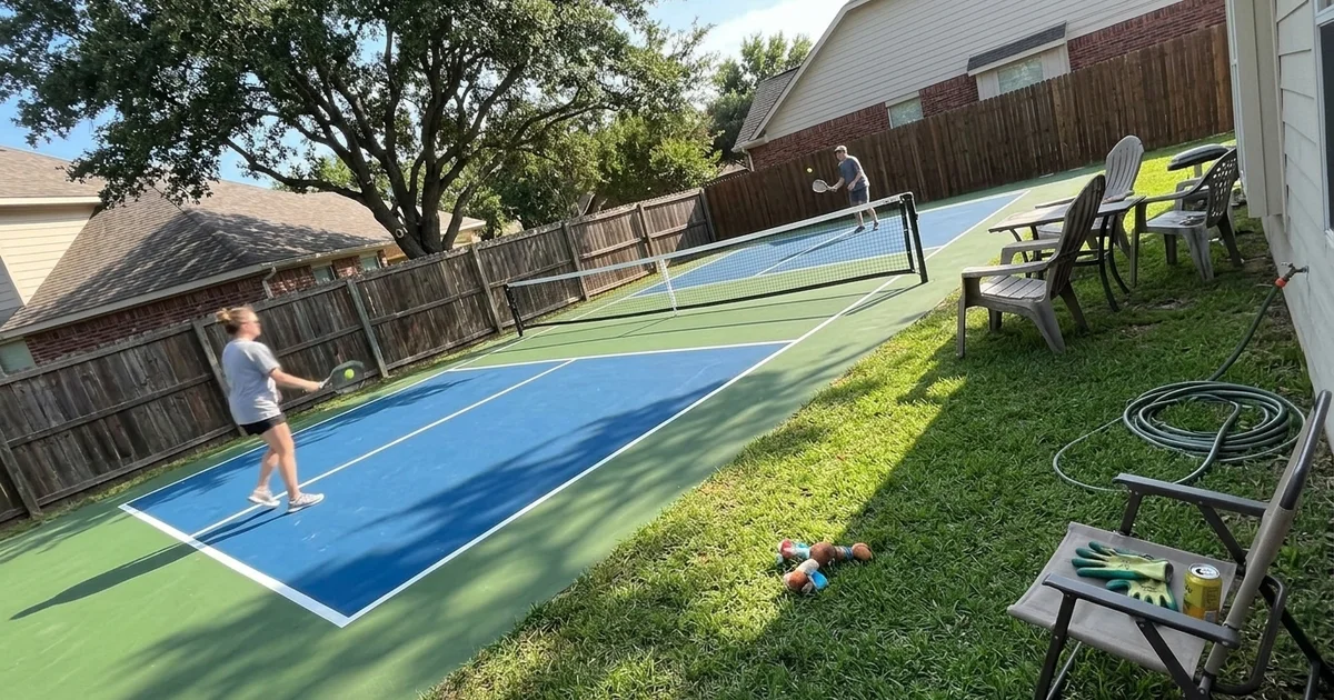 Compact mini tennis court on a residential lot in a Texas backyard