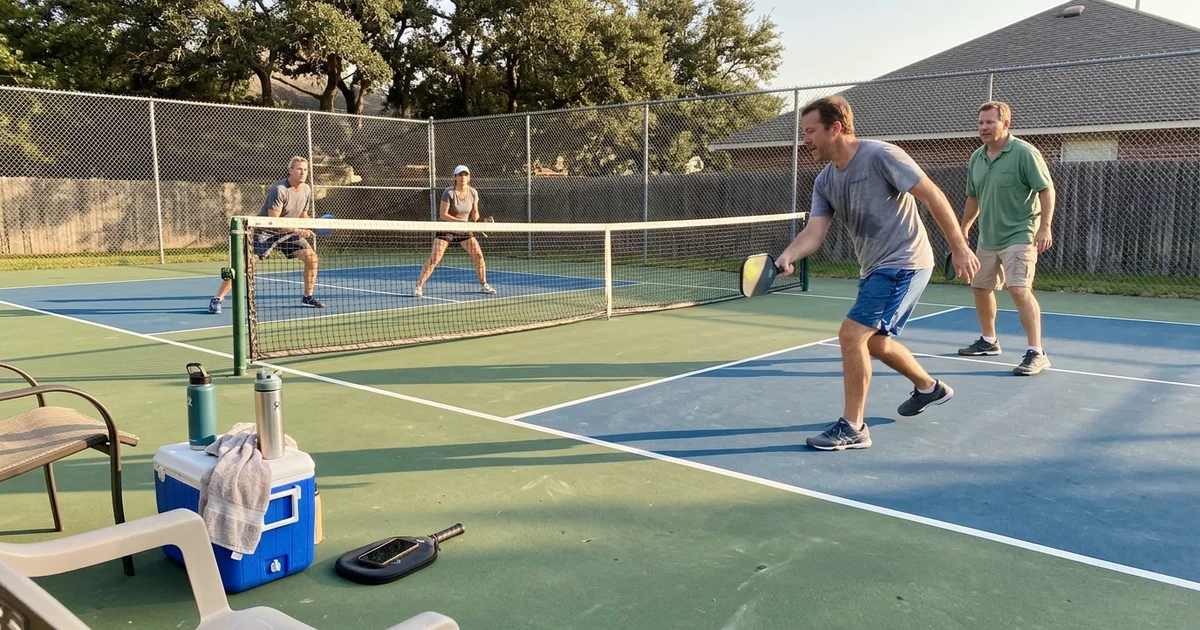 Completed backyard pickleball court in a Texas yard with homeowners playing