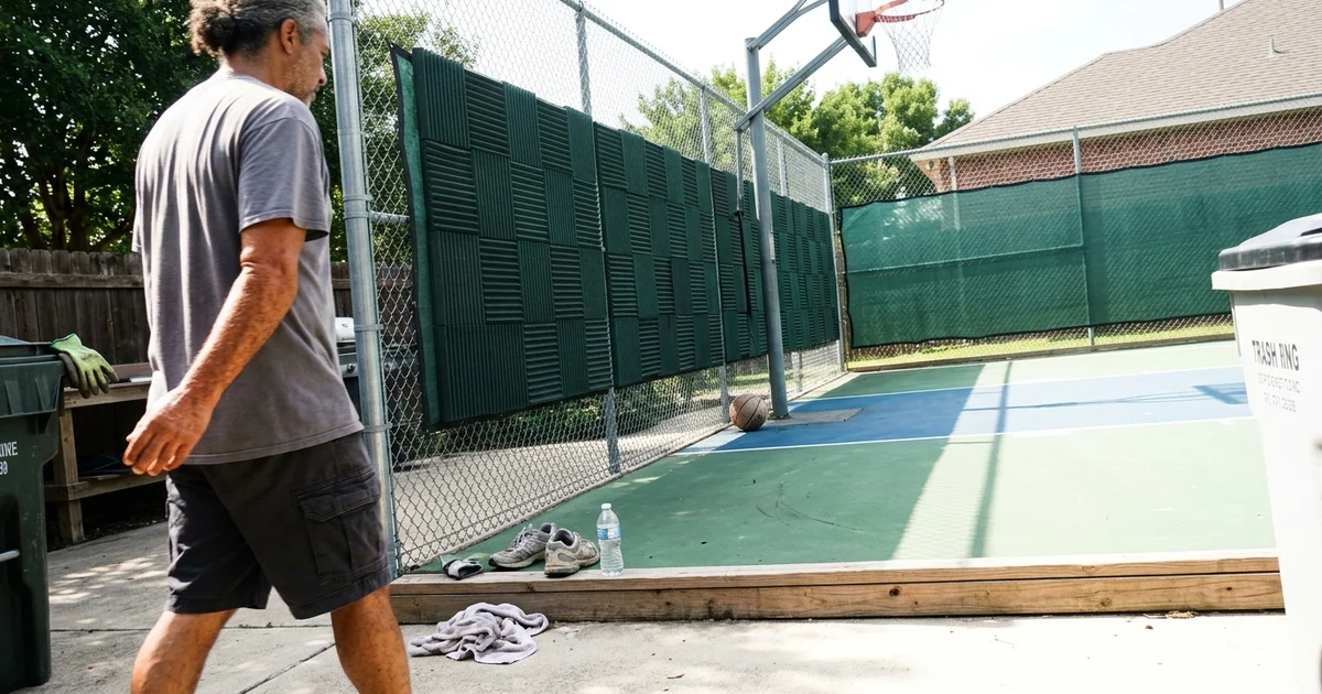 Court perimeter fitted with acoustic barrier panels and windscreen on the neighbour-facing run