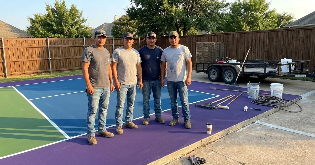 The crew standing on a freshly finished backyard court at golden hour