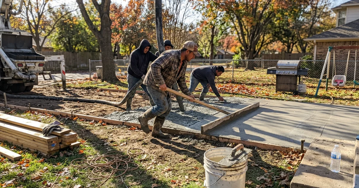 Crew pouring a backyard court slab on a cool autumn morning in North Texas
