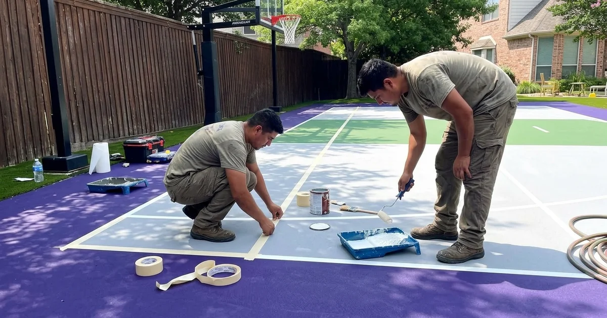 Crew striping multiple sport lines with masking tape and paint trays on the court