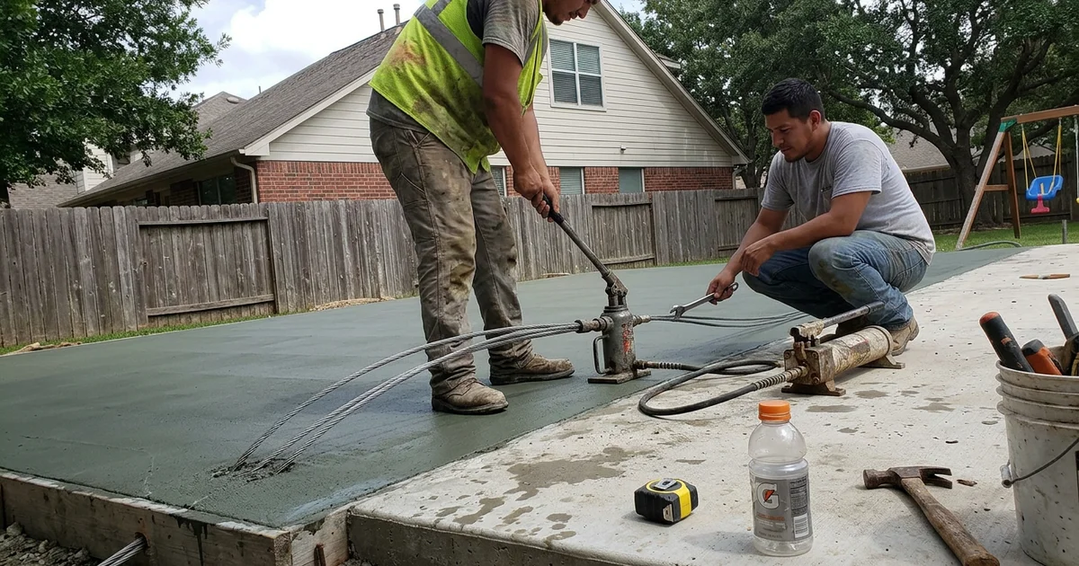 Crew tensioning post-tension cables across a freshly formed court pad in a Texas backyard