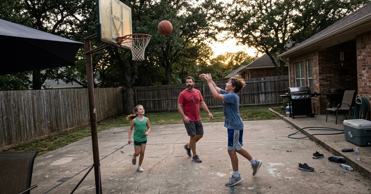 Family playing on a backyard half court on a Texas evening