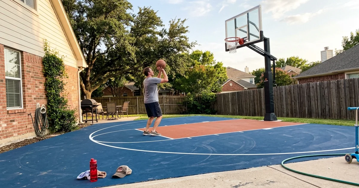Finished backyard basketball court with in-ground goal at a North Texas home