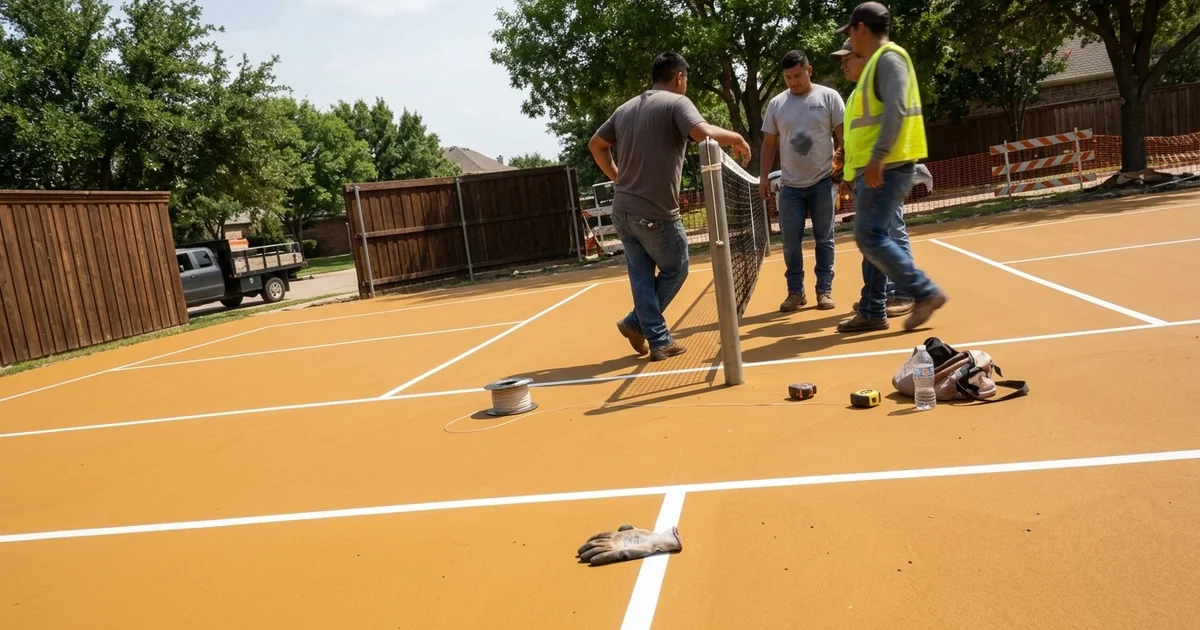 Freshly striped pickleball court showing the kitchen, baselines and service lines