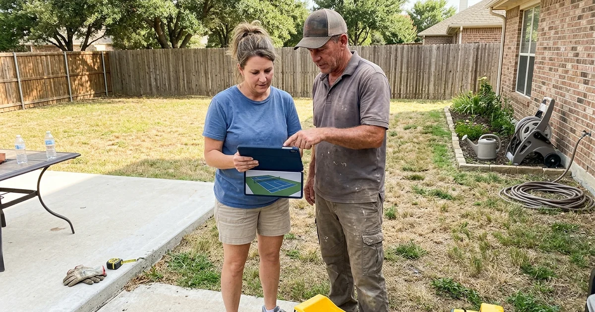Homeowner and builder reviewing a 3D court design on a tablet in the backyard