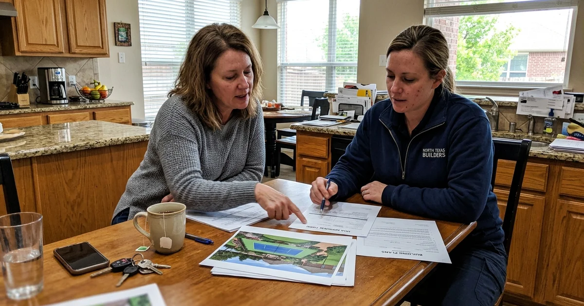 Homeowner and builder reviewing HOA approval paperwork with a court rendering