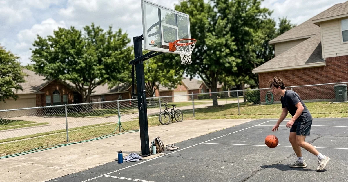 In-ground basketball goal with tempered glass backboard installed beside a finished court