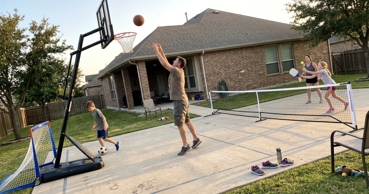 Multi-sport court in use by a family playing different games on a Texas evening