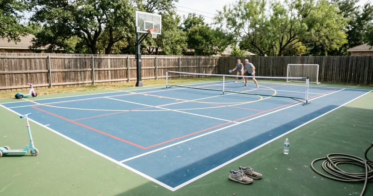 Multi-sport court with overlapping coloured lines for several games