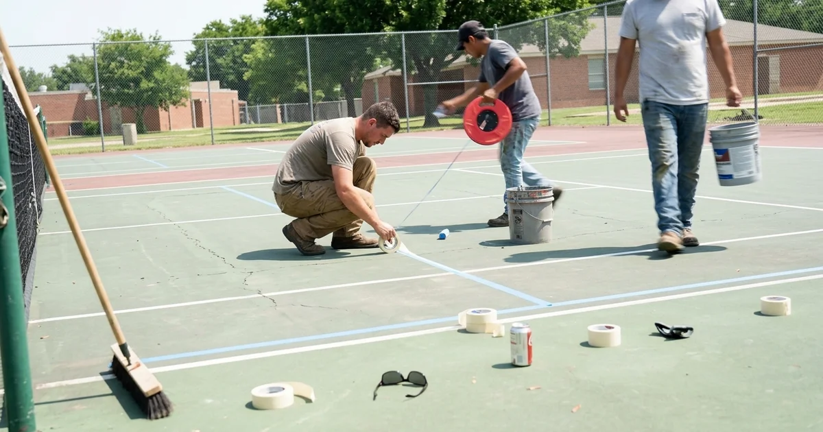 Old tennis court being restriped into multiple pickleball courts by the crew