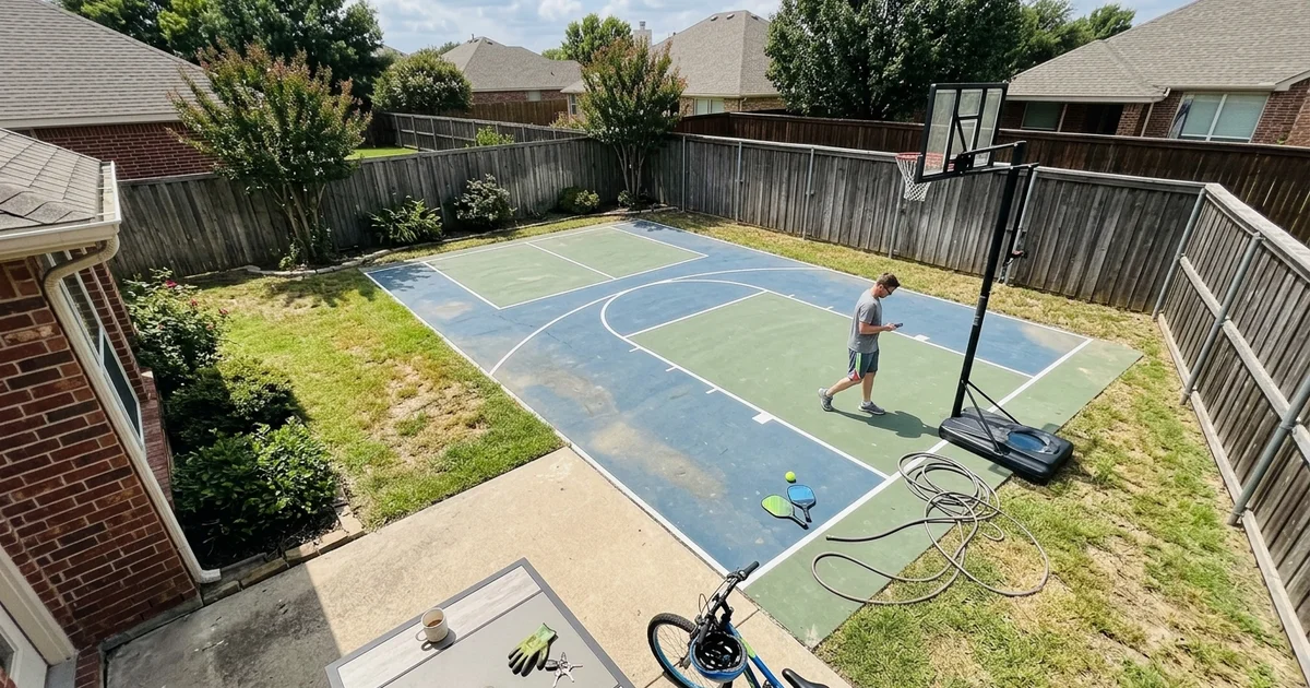 Overhead view of a backyard with a court fitted into the available space