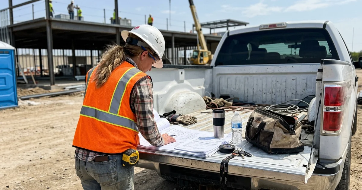 Project manager reviewing city permit documents at a commercial court jobsite