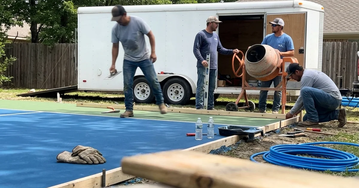 A single cohesive crew working together on a court build in a Texas backyard