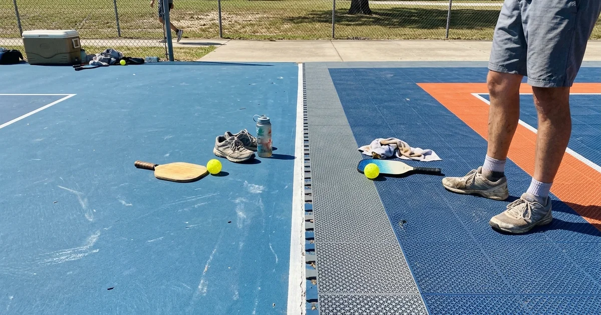 Split comparison of a smooth acrylic court surface beside interlocking modular tiles