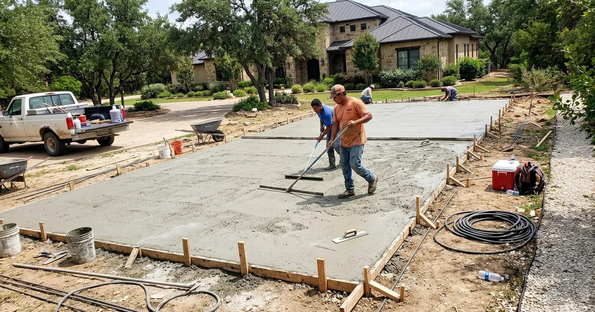 Tennis court mid-construction with the slab poured and crew working