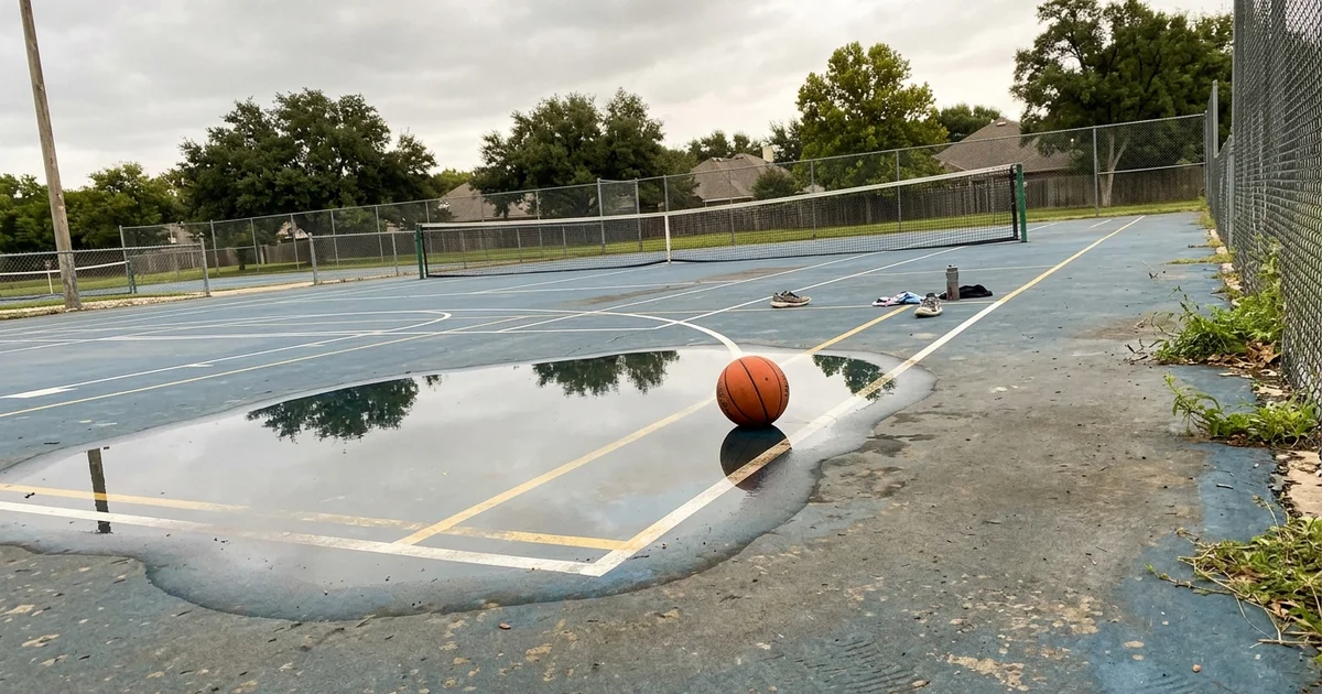 Water pooling in a low spot on a sport court after rain