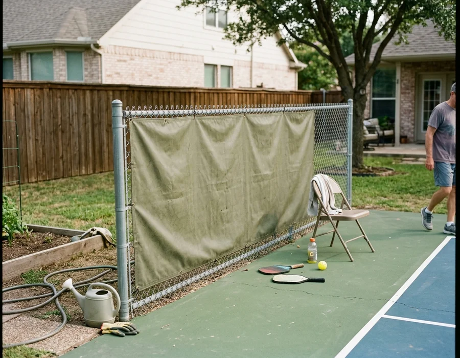 Acoustic barrier panel on the neighbour-facing run of a pickleball court fence