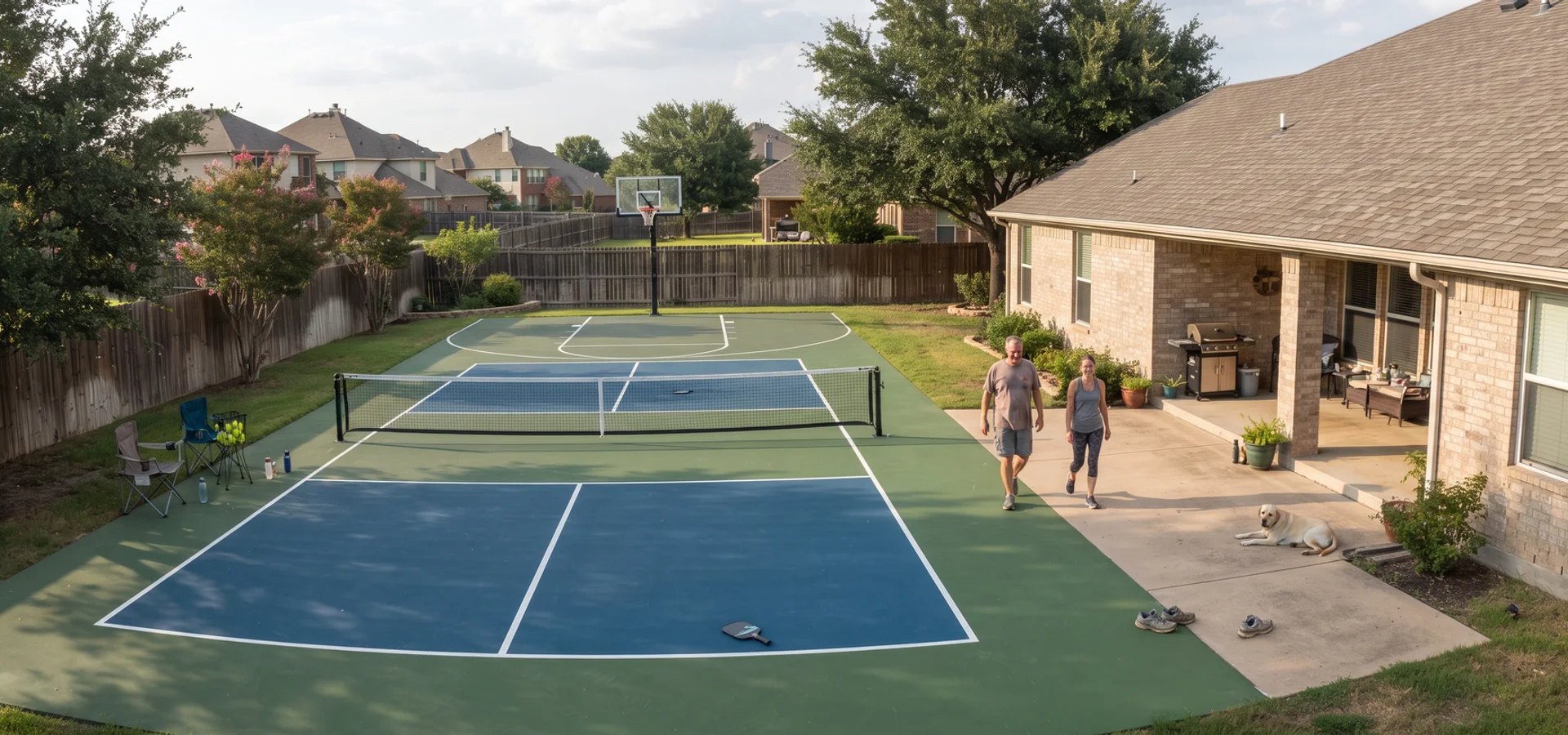 Aerial view of a completed backyard sport court complex in North Texas