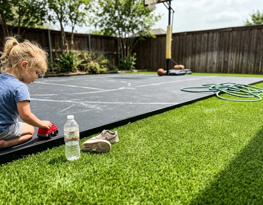 Artificial turf surround with landscape edging in Flower Mound, TX
