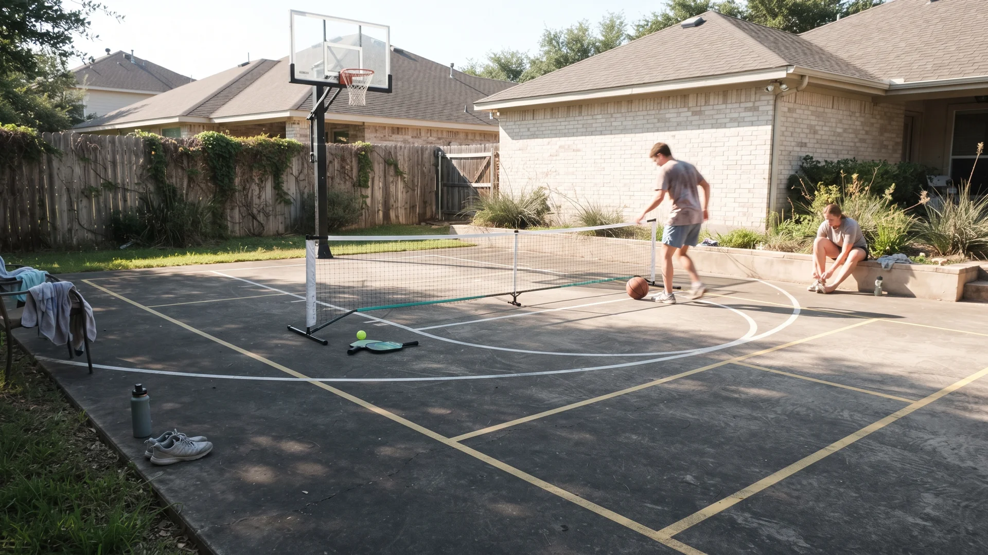 Backyard multi-sport court with overlapping basketball and pickleball line layouts