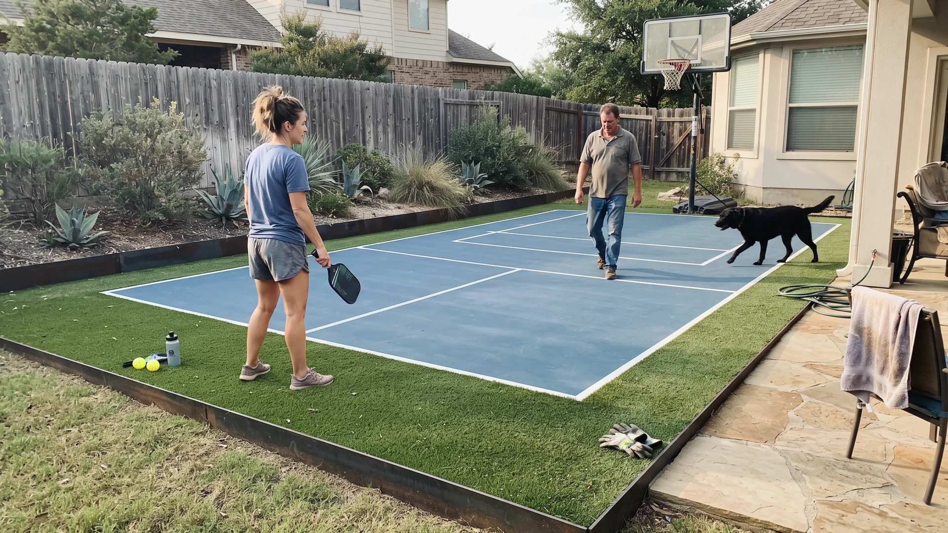 Backyard sport court with an artificial turf surround and landscape edging