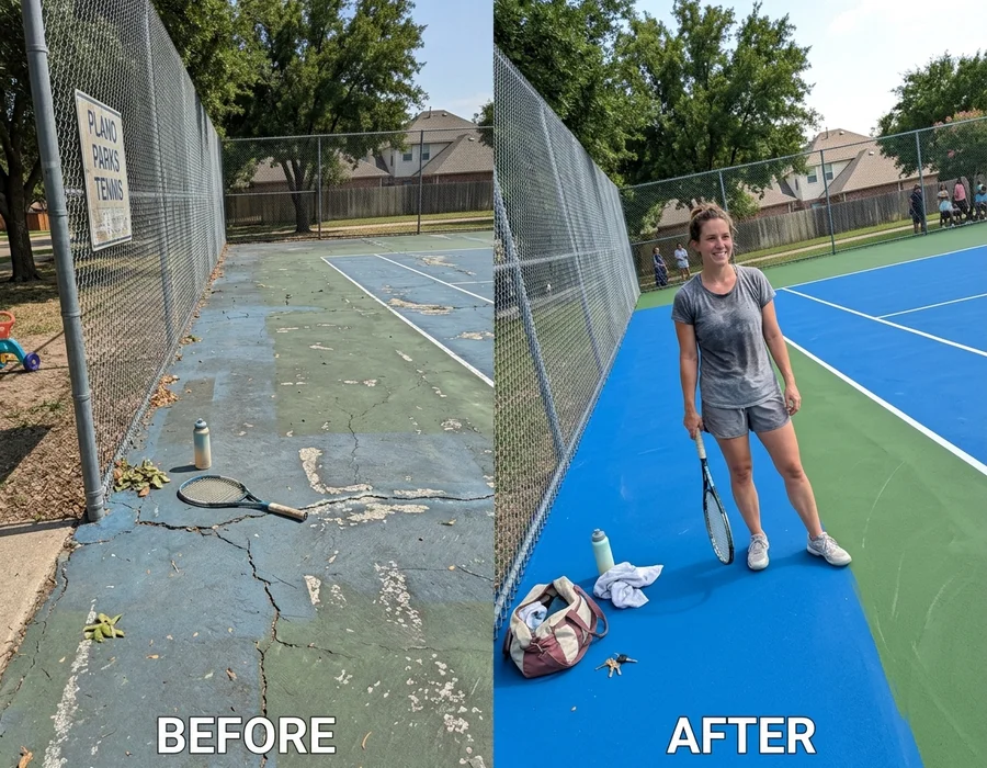 Tennis court restored with fresh acrylic resurfacing in Plano, TX