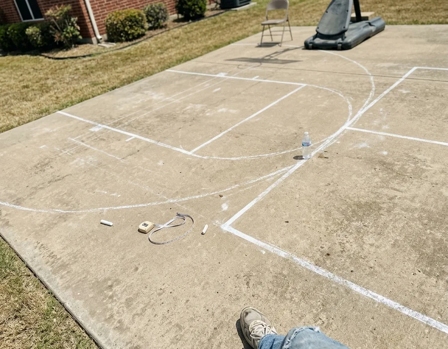 Three overlapping sport line sets chalked out on a cured slab