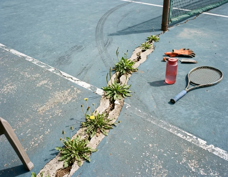 Structural crack running across a faded older court surface