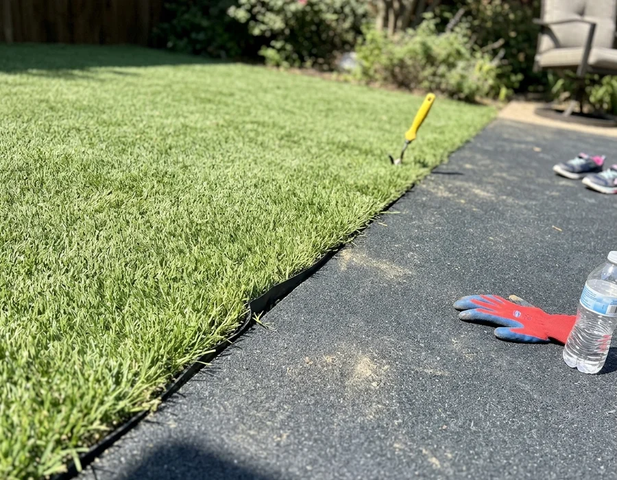 Landscape edging forming a clean transition between turf and court surface
