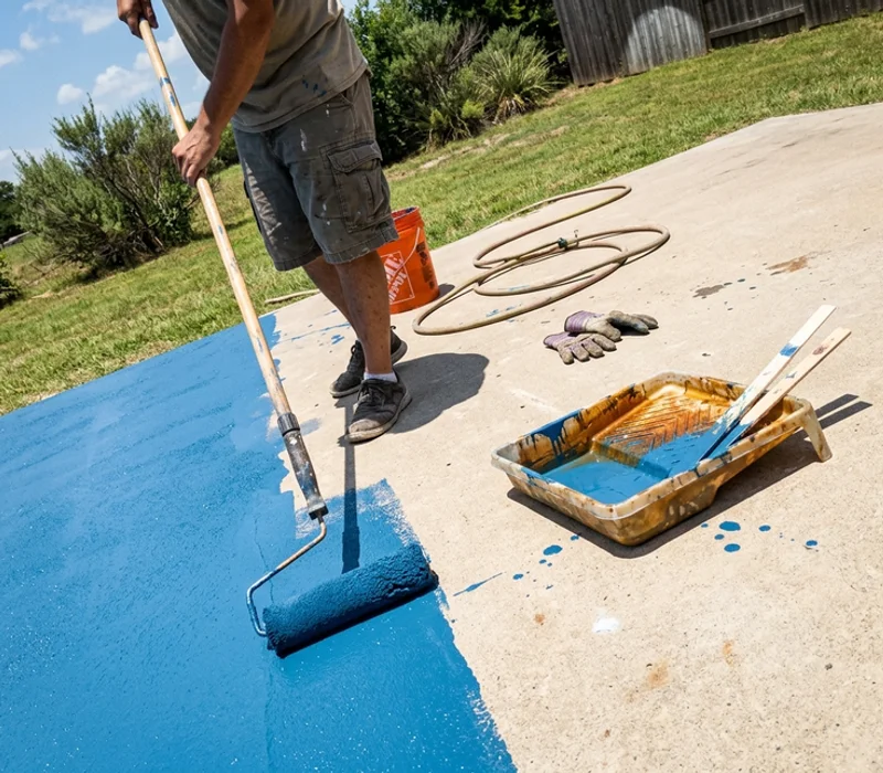 Roller laying acrylic colour coat over a cured concrete court slab