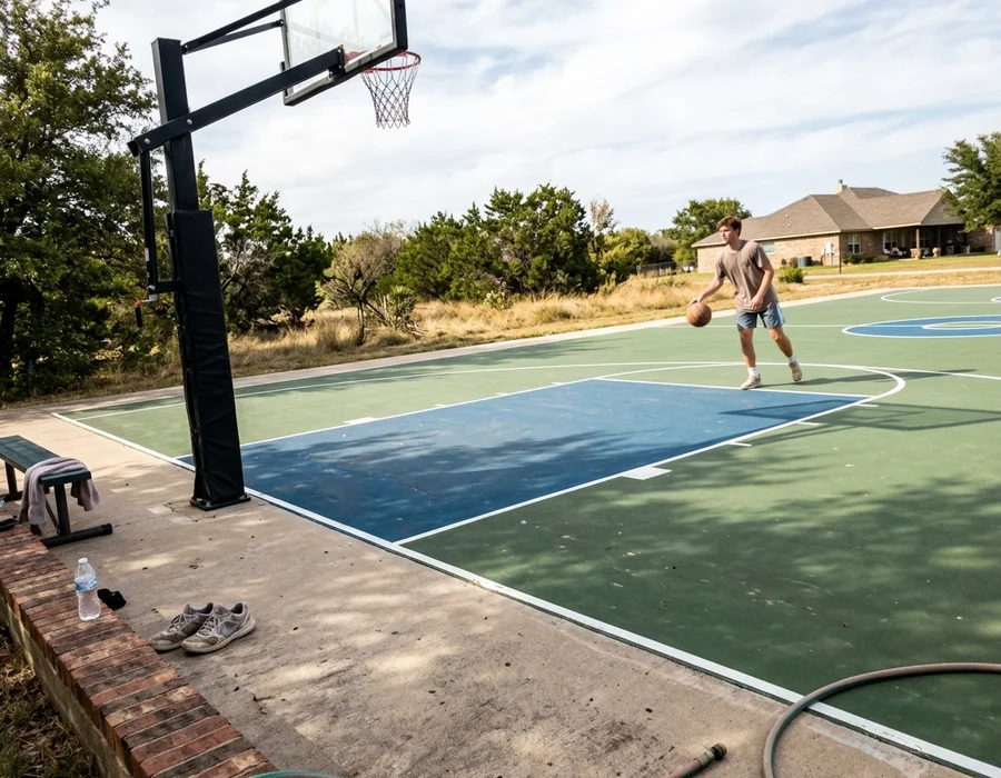 Completed full-size basketball court with contrasting key and pole padding