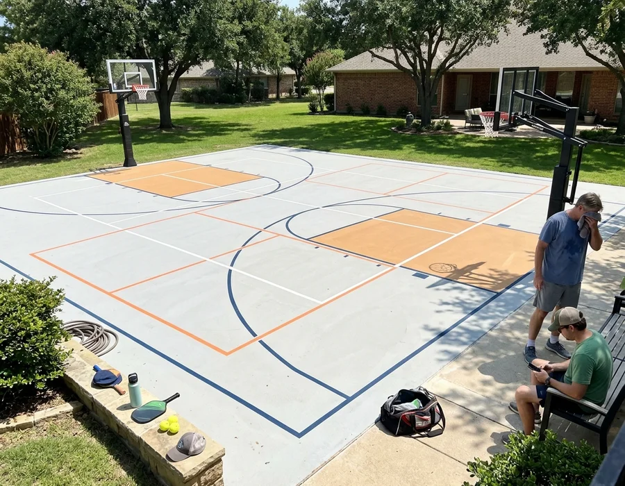 Overhead view of a completed multi-sport court with three line sets