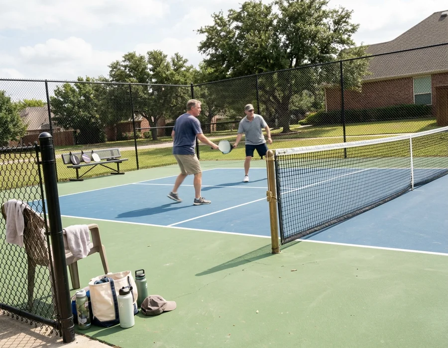 Completed pickleball court with regulation striping and net posts