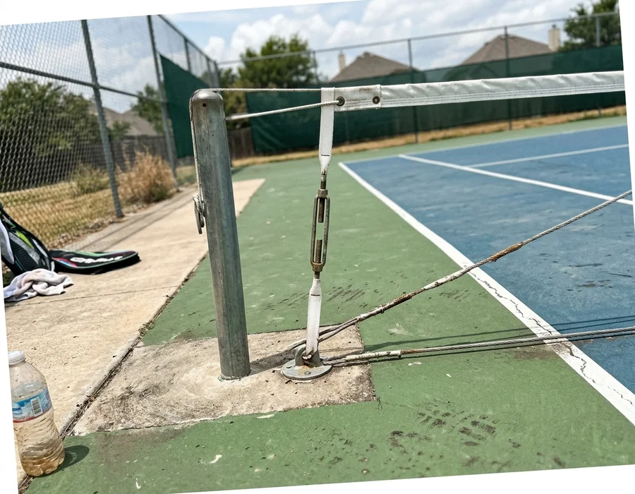 Completed tennis court showing centre net anchor and cable tensioner