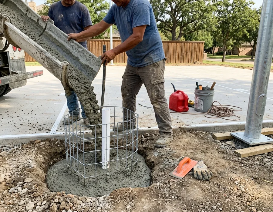 Concrete footing being poured for a court lighting pole