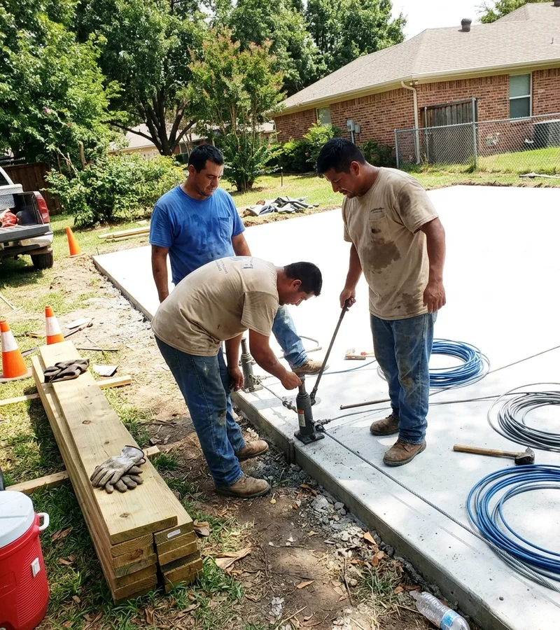 Crew tensioning post-tension cables across a freshly formed court pad in a Dallas backyard